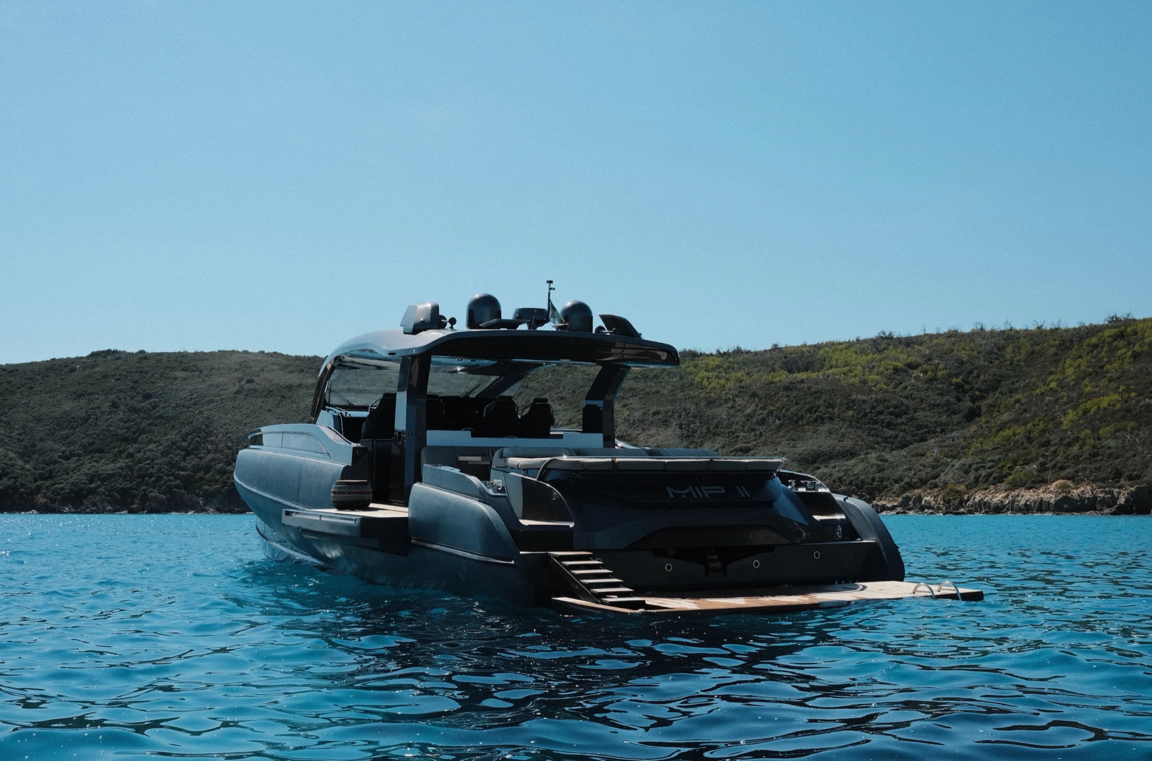 Open stern platform of the SACS Rebel 55 at anchor
